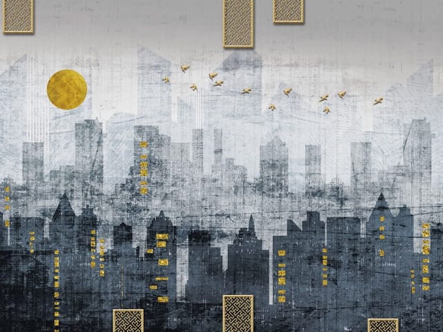 Fototapeta z panoramą miasta, ciemne wieżowce, jasne tło, żółte akcenty