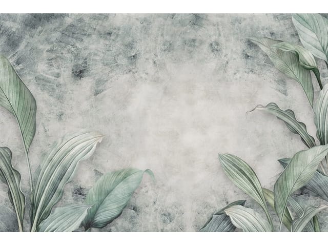 Fototapeta z dużymi zielonymi liśćmi na szarym tle, liście po bokach