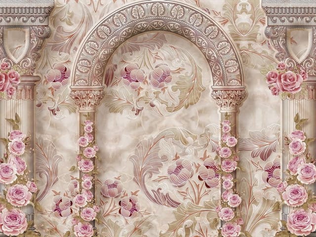 Fototapeta z łukiem i kolumnami ozdobionymi różami na jasnym tle