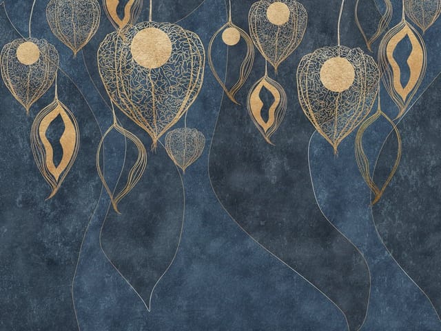 Fototapeta z abstrakcyjnymi złotymi kształtami na ciemnoniebieskim tle