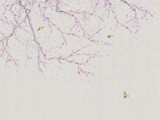 Fototapeta z gałęziami drzewa pokrytymi kwiatami wiśni na jasnym tle