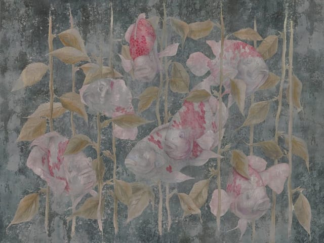 Fototapeta Ryby wśród liści i łodyg (kod: 26172) Fototapeta z rybami o czerwonych łuskach wśród brązowych liści