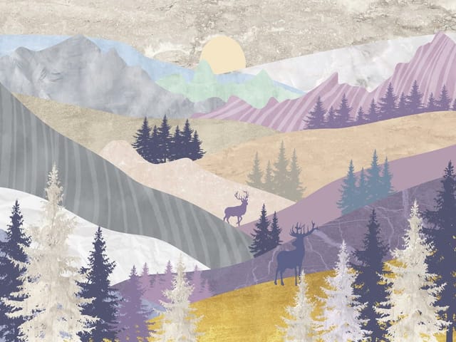 Fototapeta Krajobraz górski z jeleniami