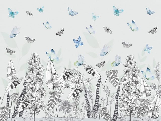 Fototapeta z czarno-białymi kwiatami i dużymi liśćmi na tle motyli