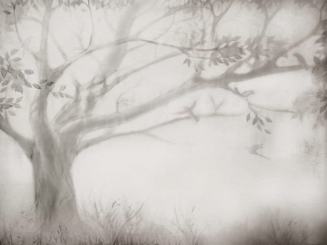 Fototapeta z dużym drzewem, rozłożystymi gałęziami i ptakami