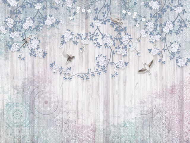 Fototapeta z gałęziami i ptakami na tle drewnianych desek z geometrycznymi wzorami