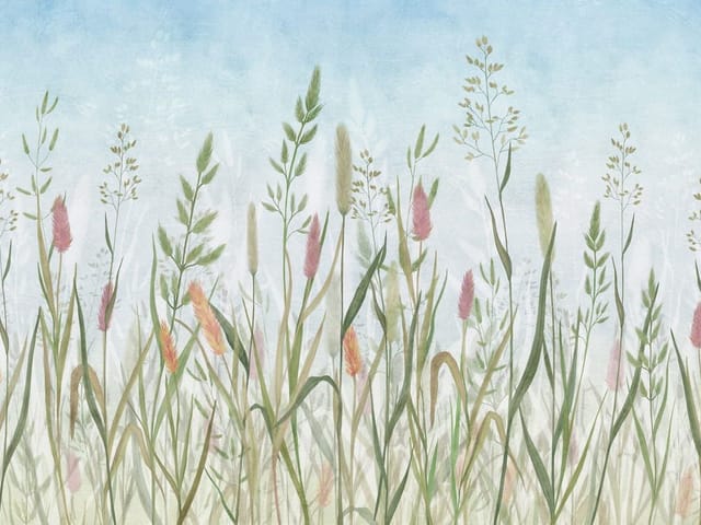 Fototapeta z wysokimi trawami i różowymi kwiatami na tle nieba