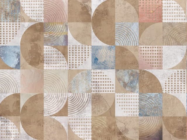 Fototapeta z geometrycznym wzorem półkoli i kropek w odcieniach brązu, niebieskiego i różowego