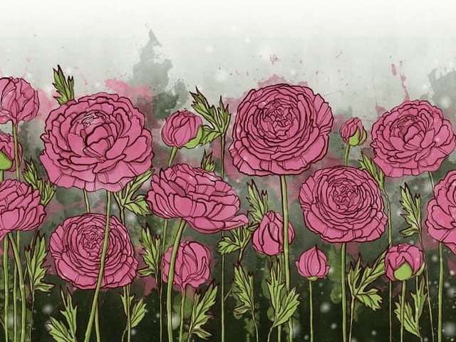 Fototapeta z różowymi kwiatami na zielonych łodygach i szarym tle