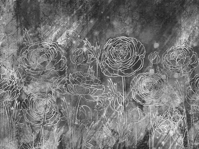 Fototapeta z kwiatami o zarysowanych konturach na ciemnym tle