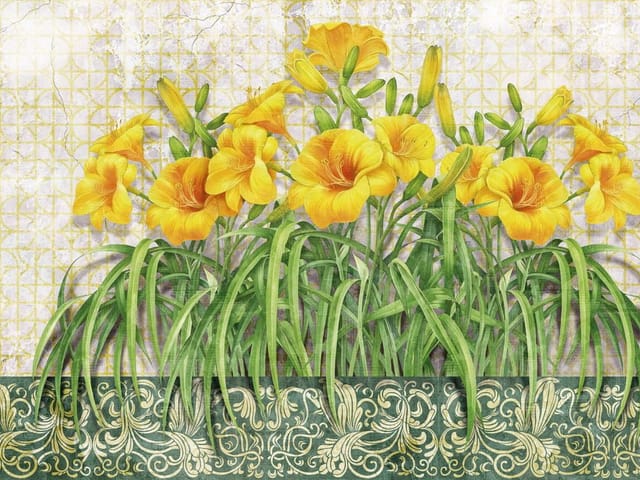 Fototapeta z żółtymi kwiatami lilii, zielonymi liśćmi i geometrycznym wzorem