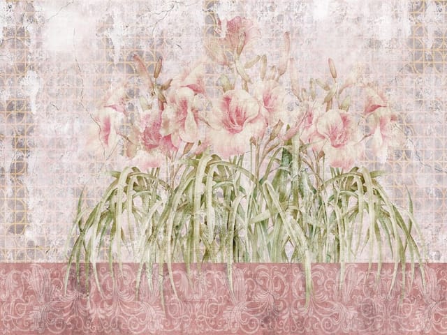 Fototapeta z różowymi kwiatami lilii i geometrycznym tłem