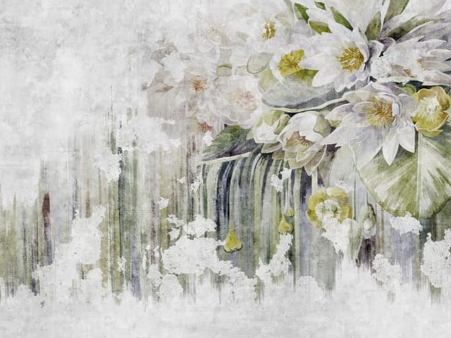 Fototapeta z białymi liliami wodnymi i zielonymi liśćmi na tle akwareli