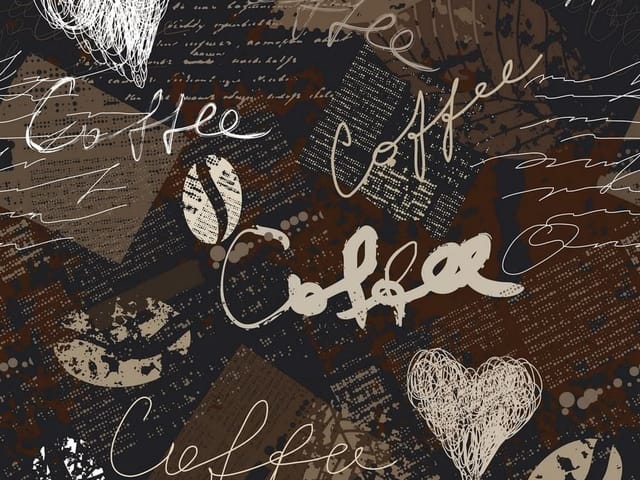 Fototapeta Typografia kawowa z sercami (mpn: 2626) Fototapeta z napisami o kawie, sercami i ziarnami na ciemnym tle