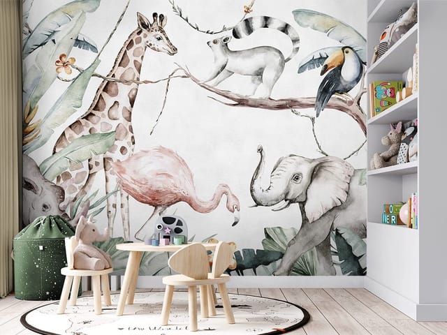 Fototapeta z żyrafą, flamingiem i słoniem w tropikalnym otoczeniu