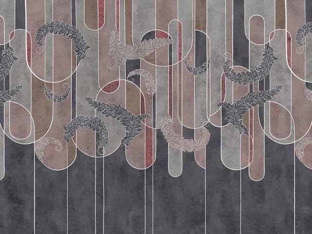 Fototapeta z ornamentami roślinnymi na tle pionowych pasków w szaro-brązowej tonacji