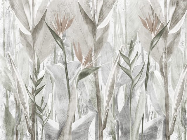 Fototapeta z dużymi liśćmi i kwiatami tropikalnymi w odcieniach zieleni