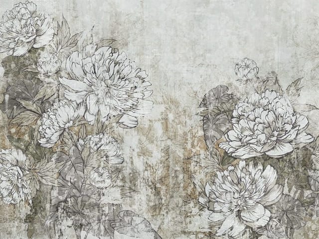 Fototapeta z dużymi piwoniami i liśćmi na tle papierowej tekstury