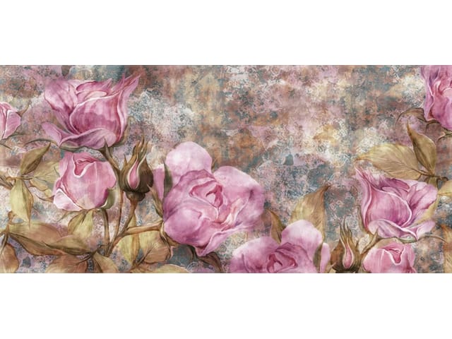 Fototapeta z dużymi różowymi kwiatami i zielonymi liśćmi na tle