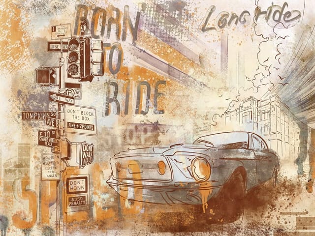 Fototapeta z retro samochodem, znakami drogowymi i budynkiem w tle