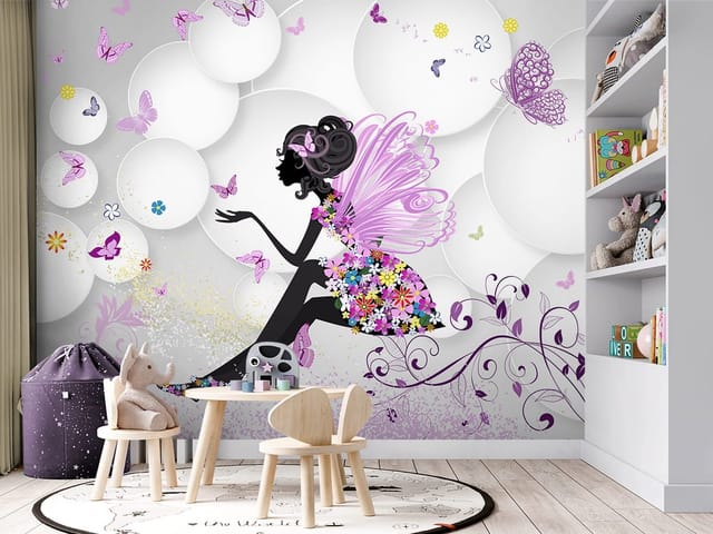 Fototapeta z wróżką ozdobioną kwiatami, fioletowe wzory i białe okręgi w tle