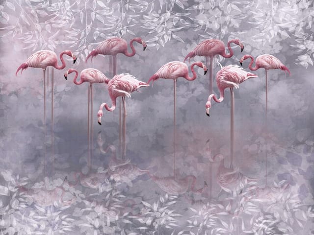 Fototapeta z różowymi flamingami stojącymi w wodzie na tle liści