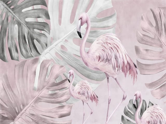 Fototapeta z flamingami na tle liści monstery i jasnoróżowym tłem