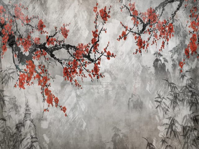 Fototapeta Sakura z czerwonymi kwiatami (kod: 26321) Fototapeta z gałęzią sakury i czerwonymi kwiatami na szarym tle