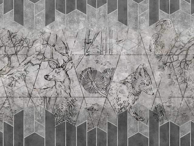 Fototapeta z geometrycznymi wzorami, jeleniem i lisem na tle drzew