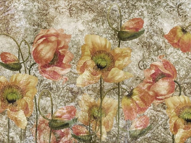 Fototapeta z dużymi kwiatami maku na ozdobnym tle z zielonymi łodygami