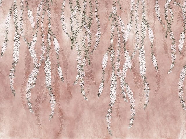 Fototapeta Kwiatowe gałęzie na różowym tle (kod: 26329) Fototapeta z białymi kwiatami i zielonymi liśćmi na różowym tle