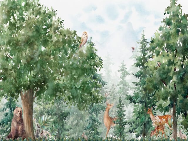 Fototapeta z lasem, dużymi drzewami liściastymi, niedźwiedziem, jeleniami i sową