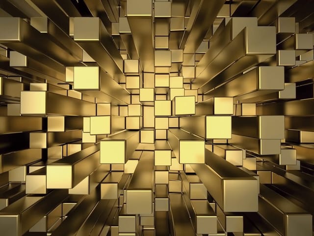 Fototapeta z złotymi prostokątnymi bryłami w przestrzeni 3D