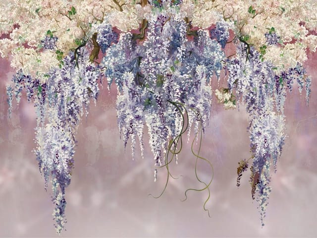 Fototapeta z kaskadami kwiatów wisterii i gałęziami drzew na pastelowym tle