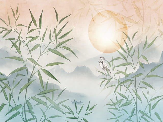 Fototapeta Bambusowe Liście i Słońce (kod: 26378) Fototapeta z bambusowymi liśćmi na tle dużego słońca i gór