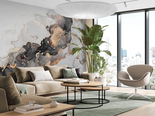 Fototapeta Abstrakcyjne wzory fluid art (kod: 26388) Fototapeta z abstrakcyjnymi wzorami w odcieniach szarości i złotymi akcentami