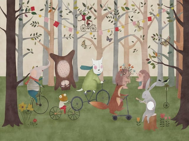 Fototapeta Zwierzęta na rowerach w lesie