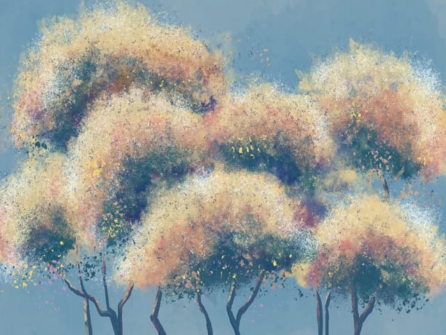 Fototapeta z drzewami o kolorowych koronach na niebieskim tle