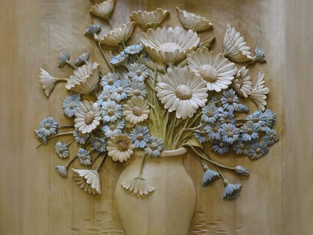 Fototapeta Bukiet kwiatów w drewnianym reliefie