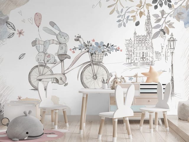 Fototapeta Rower z pluszowymi królikami