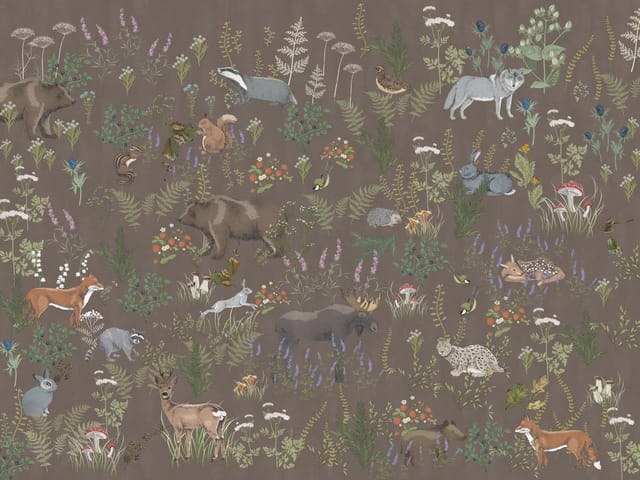 Fototapeta z różnorodnymi zwierzętami w lesie na brązowym tle