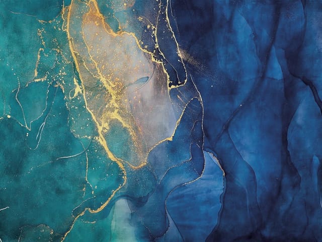 Fototapeta z abstrakcyjnymi wzorami, złote linie na tle marmuru, przejścia zieleni i niebieskiego