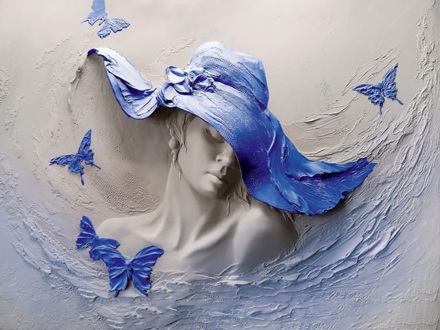 Fototapeta z kobietą w niebieskim kapeluszu i falistym tłem