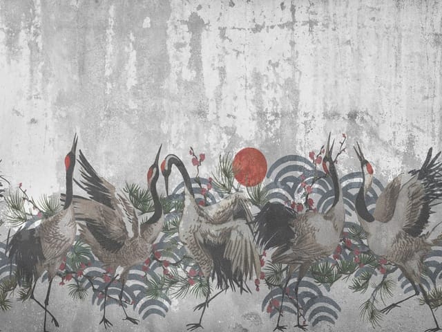 Fototapeta z tańczącymi żurawiami na tle geometrycznych wzorów i czerwonego słońca