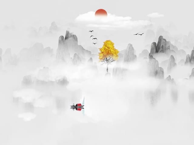 Fototapeta z drzewem o żółtych liściach na tle gór i mgły