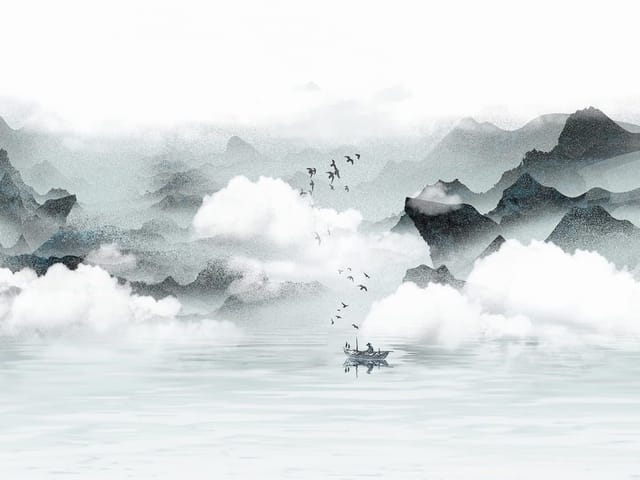 Fototapeta przedstawiająca łódkę na spokojnej wodzie z górami i chmurami w tle