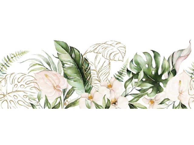 Fototapeta z dużymi zielonymi liśćmi i białymi kwiatami na jasnym tle