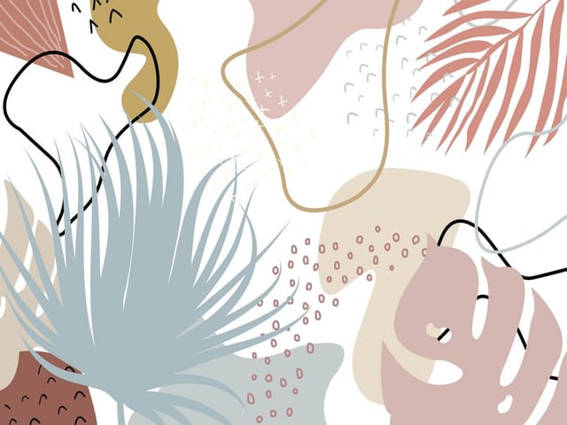 Fototapeta z abstrakcyjnymi kształtami i liśćmi w pastelowych odcieniach