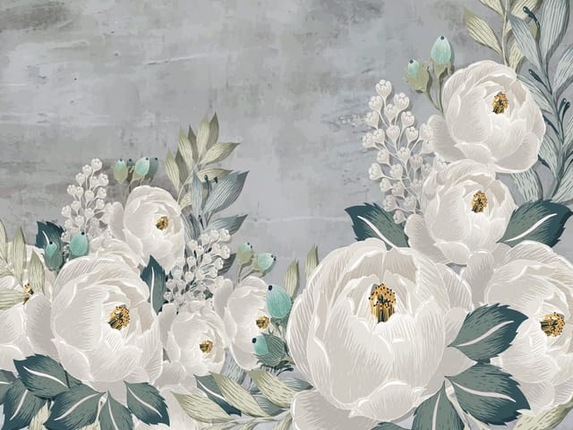 Fototapeta z dużymi białymi kwiatami i zielonymi liśćmi na szarym tle