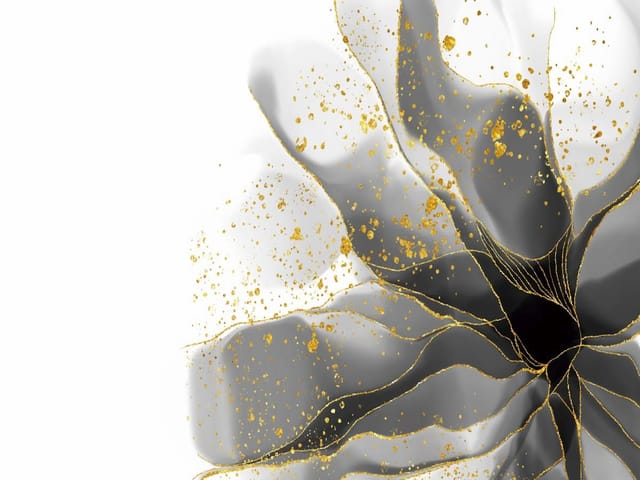 Fototapeta z abstrakcyjnymi kształtami, złotymi liniami na białym tle